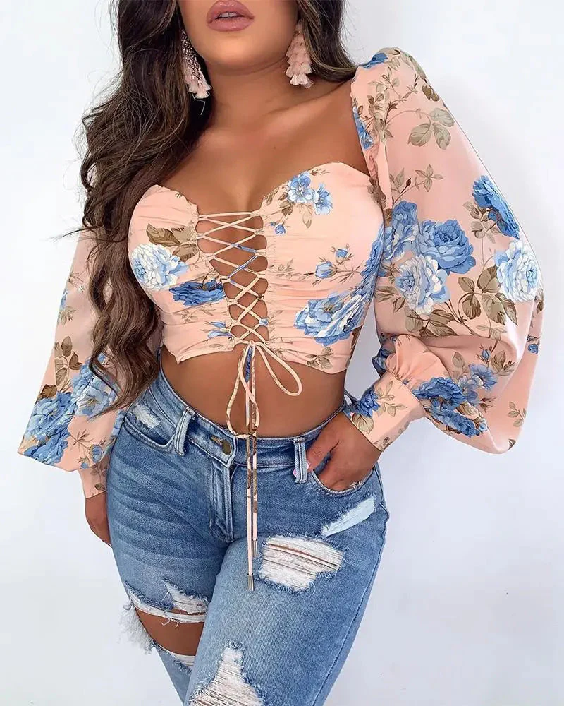 Deanwangkt - Floral Print Drawstring Lace Up Crop Top - Deanwangkt