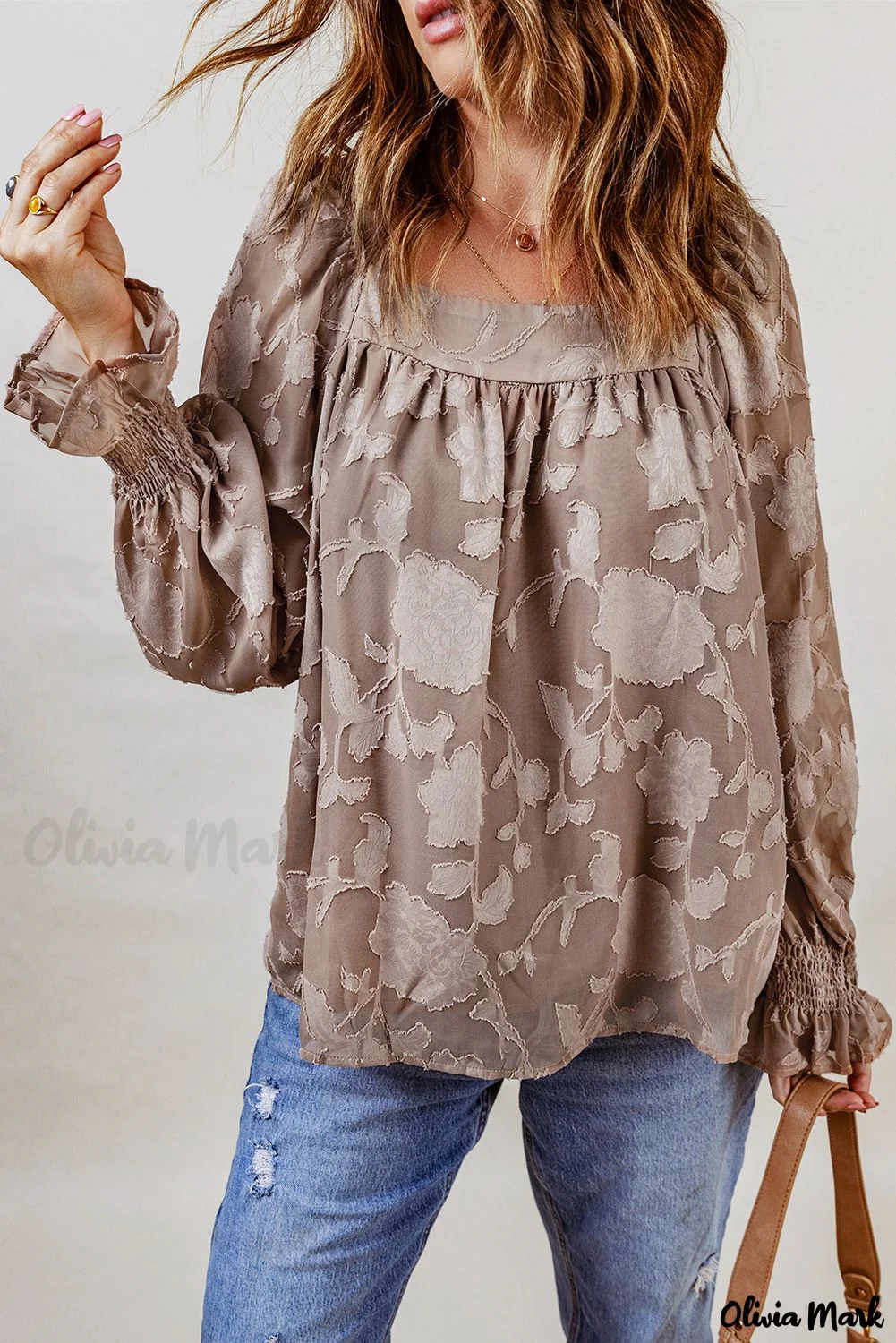 Deanwangkt - Khaki Floral Textured Square Neck Blouse - Deanwangkt