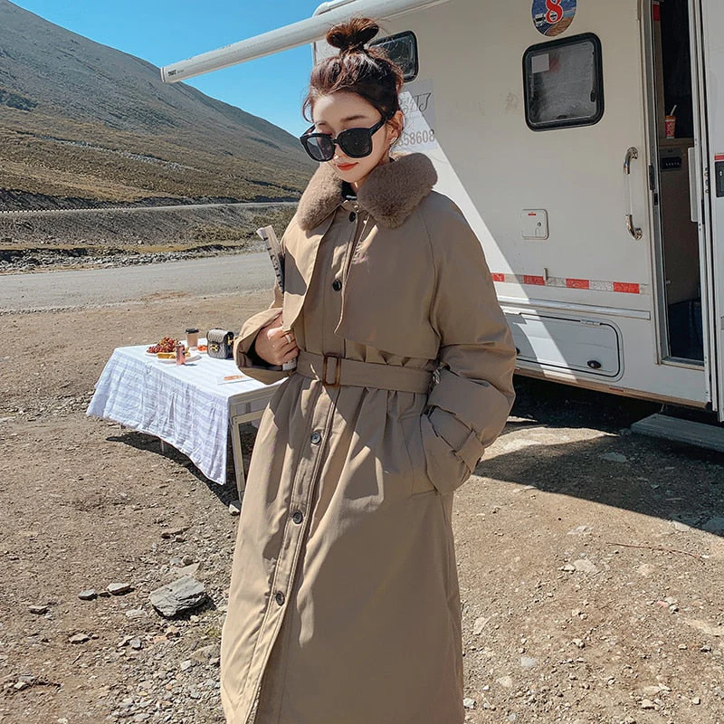 Christmas Gift Deanwangkt winter new cotton clothes women's middle and long knee over Korean loose cotton jacket tooling Plush windbreaker - Deanwangkt