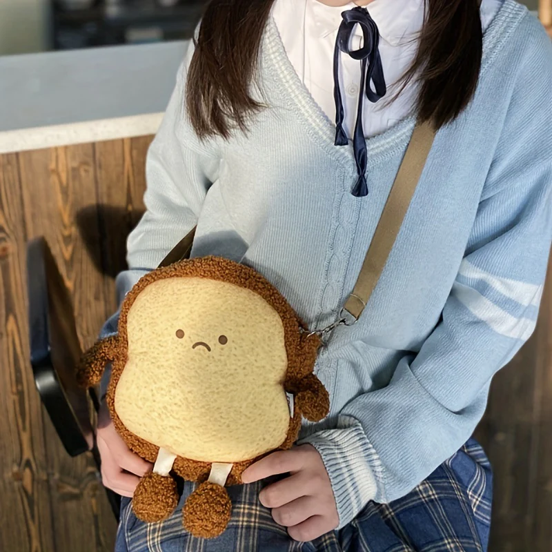 Cute Toast Bread Crossbody Bag, Plush Shoulder Bag With An Expression, Perfect Sling Bag For Daily Use - Deanwangkt