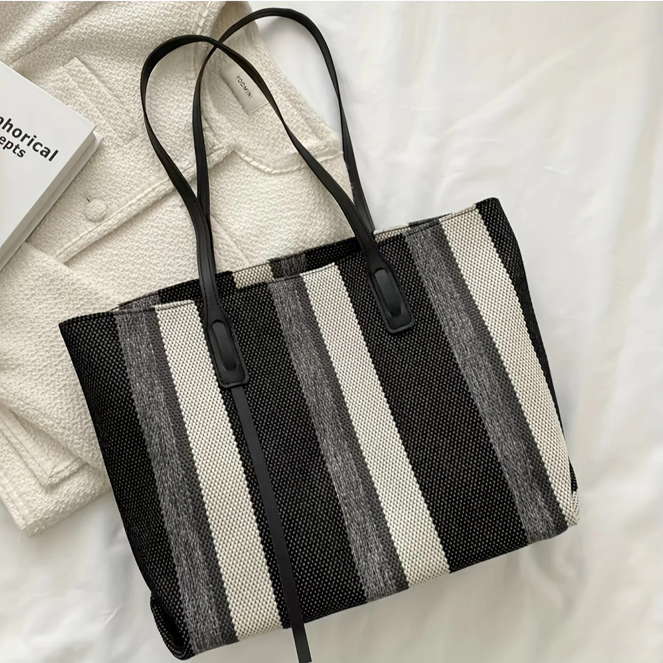 deanwangkt  Vertical Stripes Color Blocking Tote Bag, Stylish Large Capacity Shoulder Bag, Perfect Underarm Bag For Office, Travel And Work - Deanwangkt