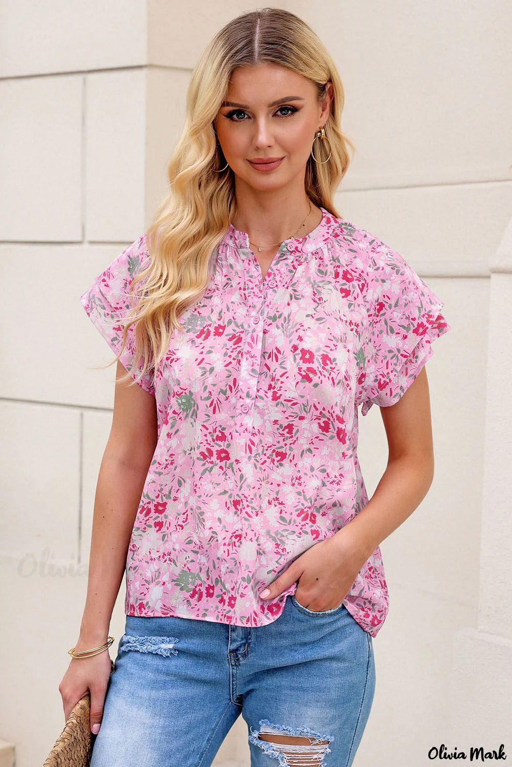 Deanwangkt - Floral Tie Neck Long Sleeve Crinkle Blouse - Deanwangkt