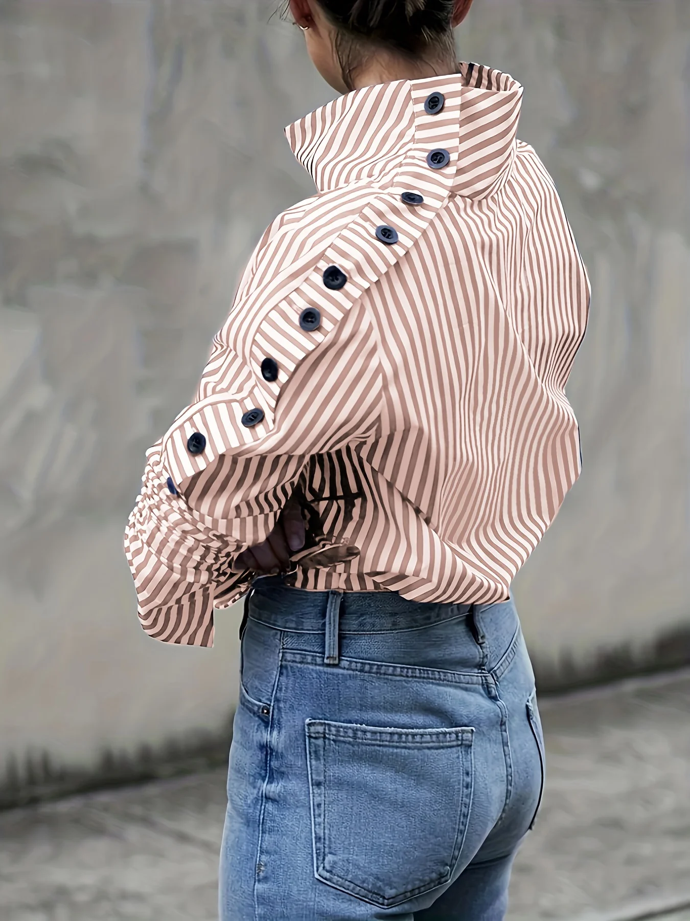 Striped Turtle Neck Button Decor Blouse, Elegant Long Sleeve Blouse, Women's Clothing - Deanwangkt