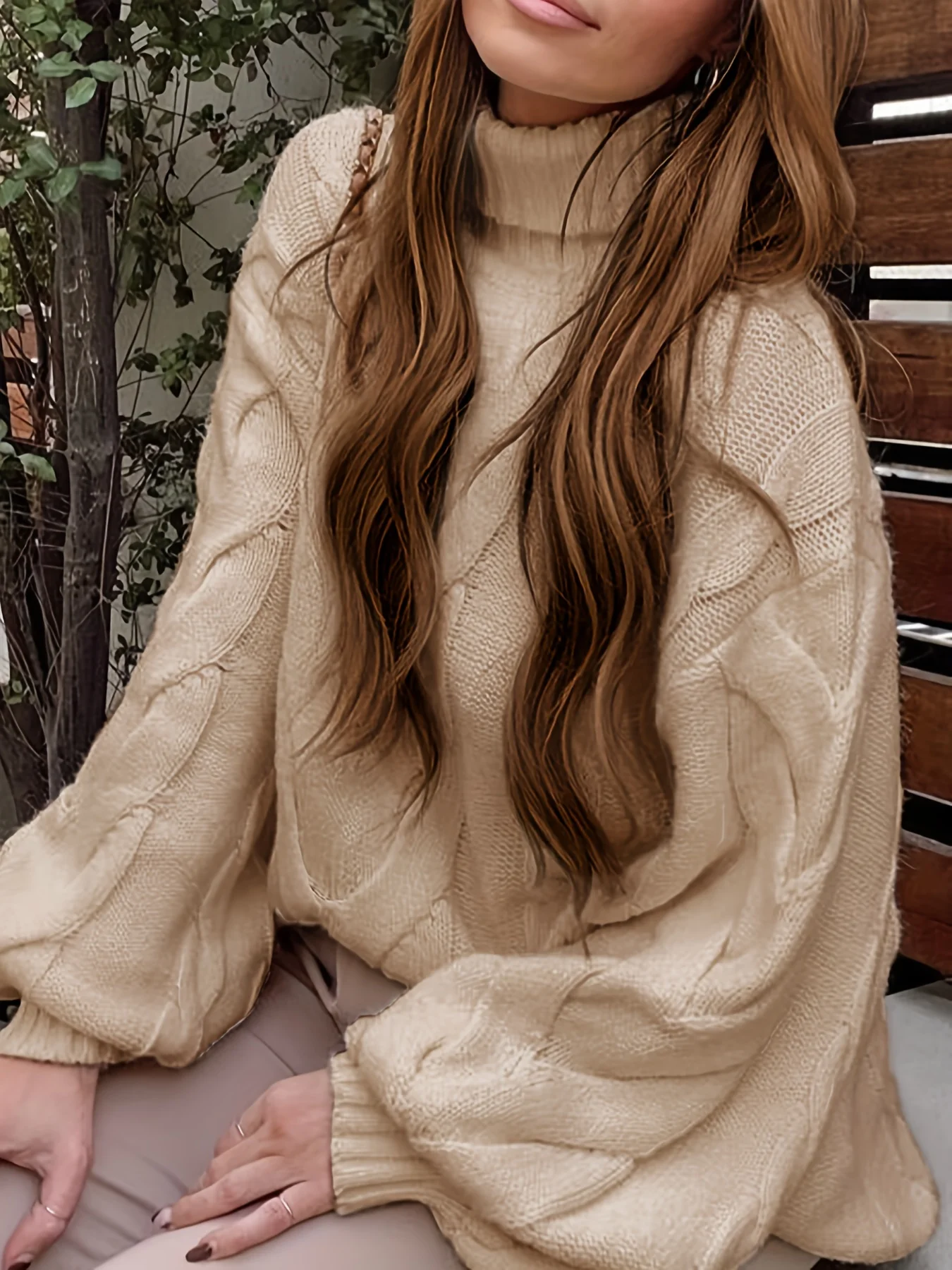 Twist Pattern Turtle Neck Pullover Sweater, Casual Lantern Sleeve Loose Sweater For Fall & Winter, Women's Clothing - Deanwangkt