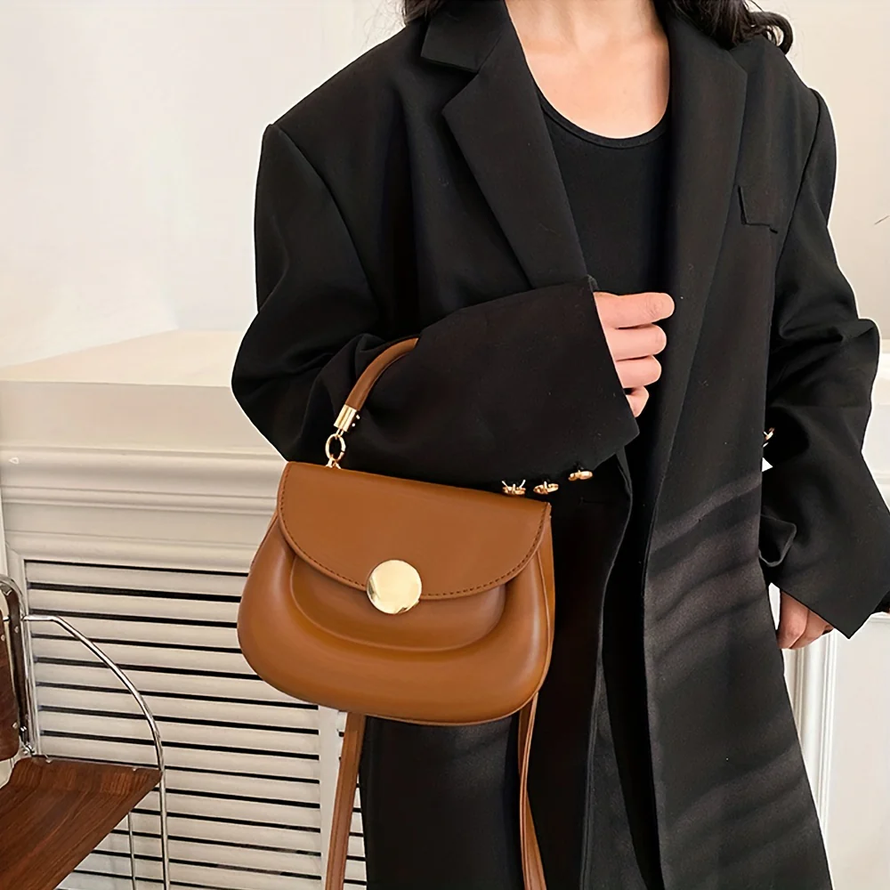 Minimalist Solid Color Saddle Bag, Classic All-Match Top Handle Purse, Women's PU Leather Purse For Daily Shopping - Deanwangkt