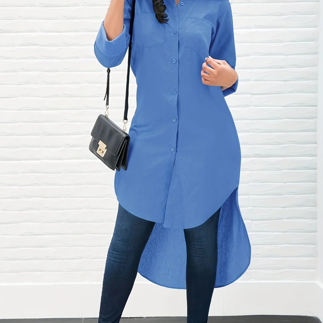 Solid Long Sleeve Button Down Lapel Irregular Hem Shirt, Elegant Pockets Stylish Comfy Shirt, Women's Clothing - Deanwangkt