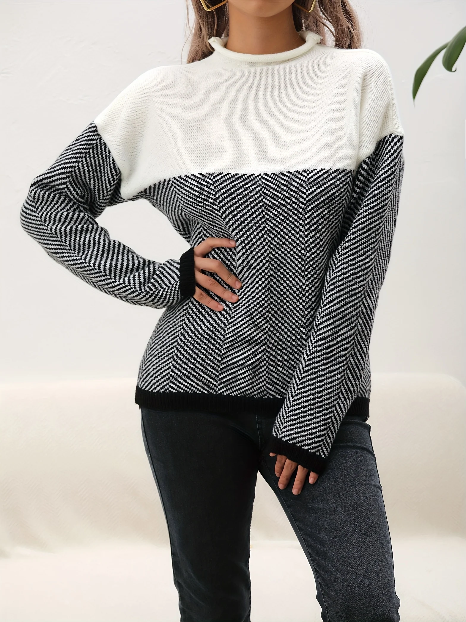 deanwangkt-1  Long Sleeve Elegant Loose Sweater, High Neck Casual Sweater For Winter & Fall, Women's Clothing - Deanwangkt