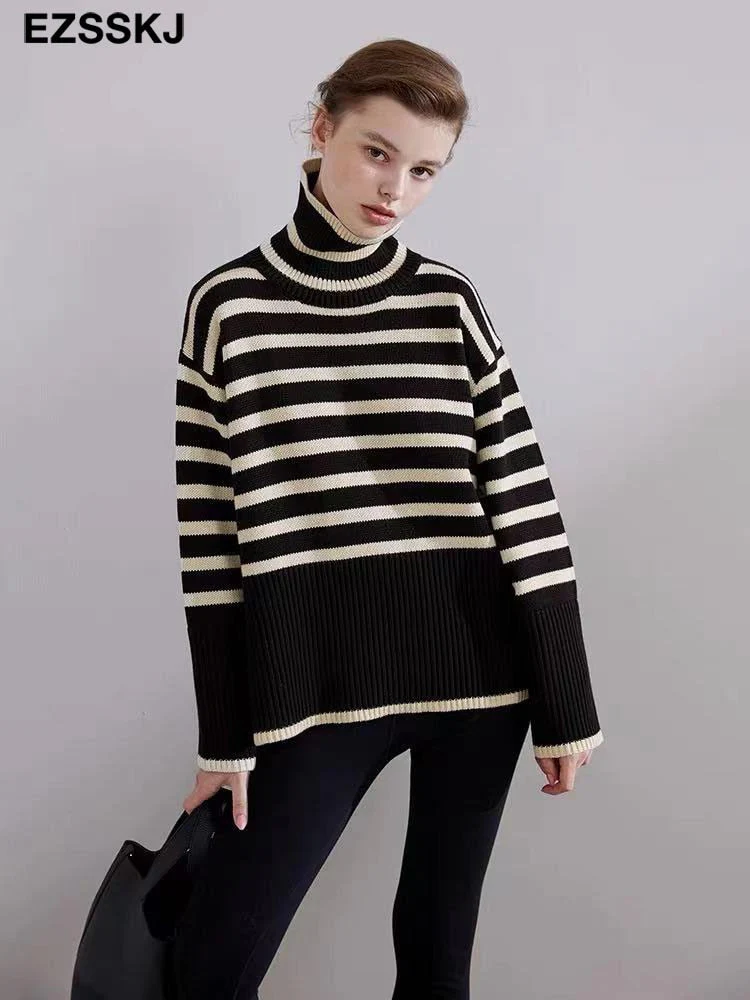 Christmas Gift Deanwangkt striped oversize Turtleneck Sweater for Women female Knitted casual split side Long Sleeve loose sweater - Deanwangkt