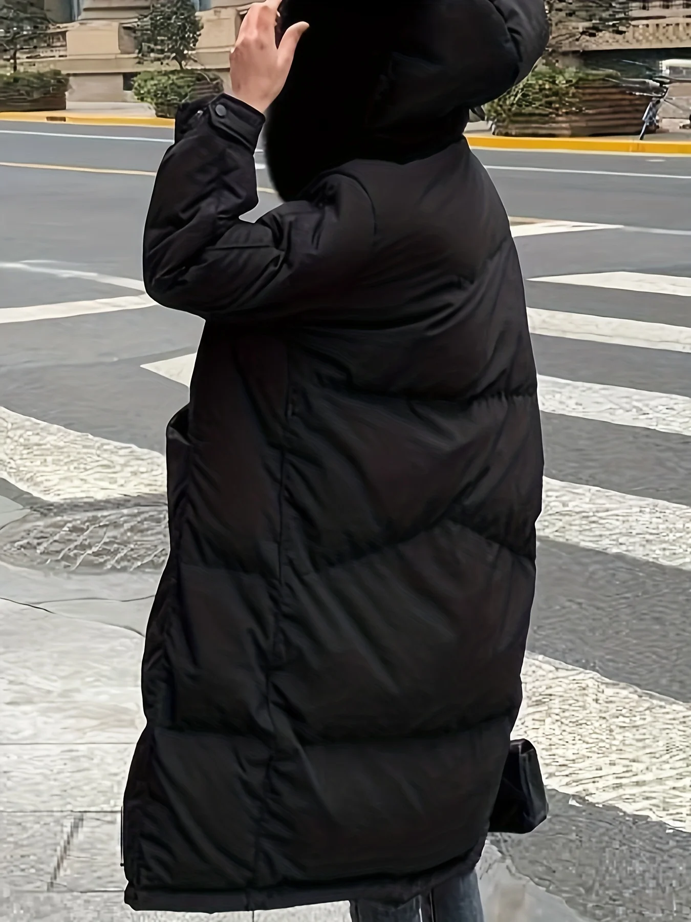 Fuzzy Trim Warm Hooded Coat, Casual Open Front Long Sleeve Winter Outerwear, Women's Clothing - Deanwangkt