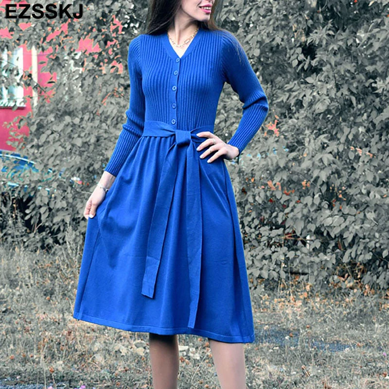 Christmas Gift Deanwangktautumn winter v-neck maxi sweater dress women OL female long sweater dress with belt elegant a-line solid slim dress - Deanwangkt