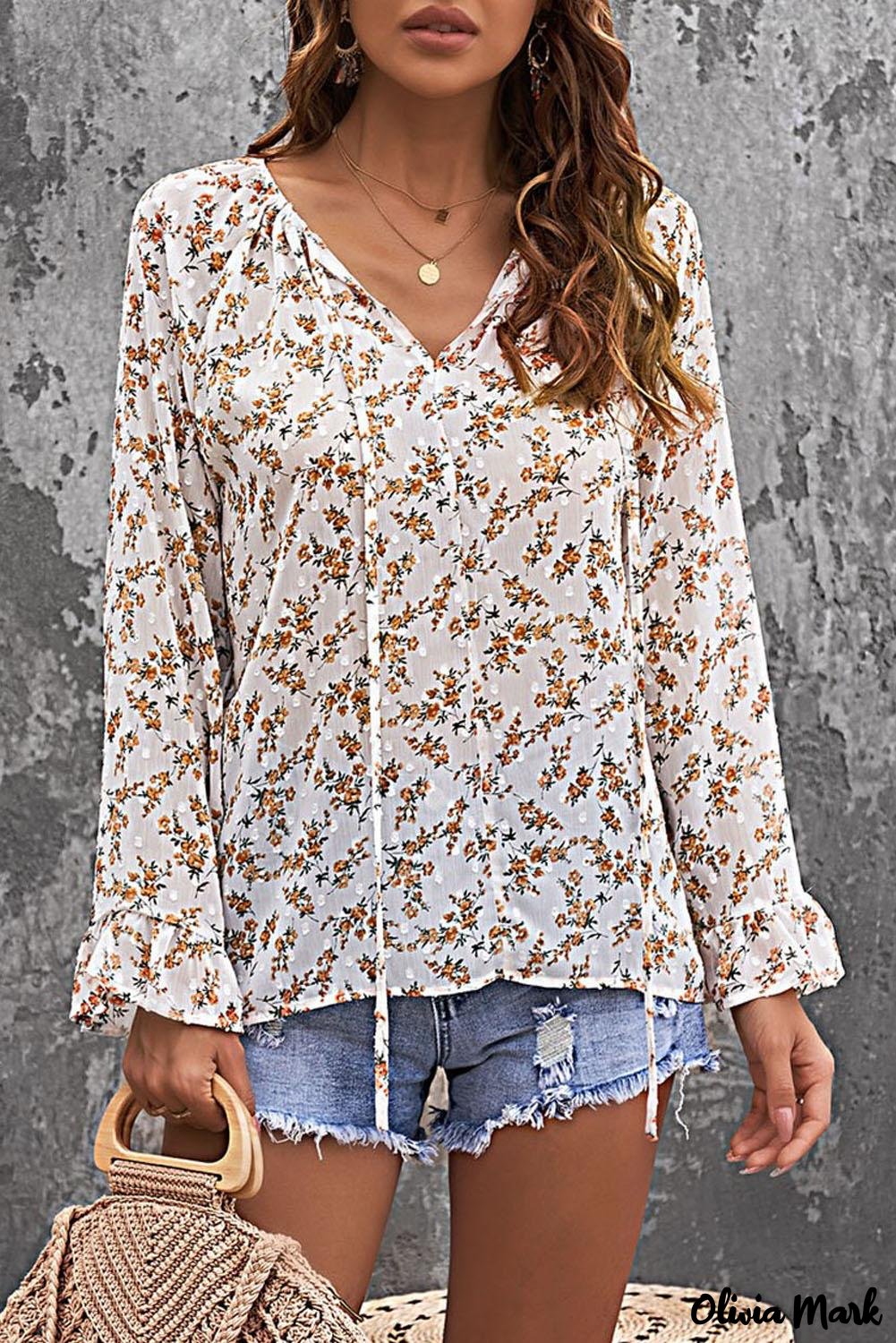 Deanwangkt - Multicolor Floral Print Drawstring Long Sleeve Blouse - Deanwangkt