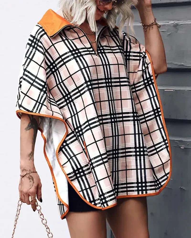 Deanwangkt - Cape pattern top with zip front and plaid print - Deanwangkt