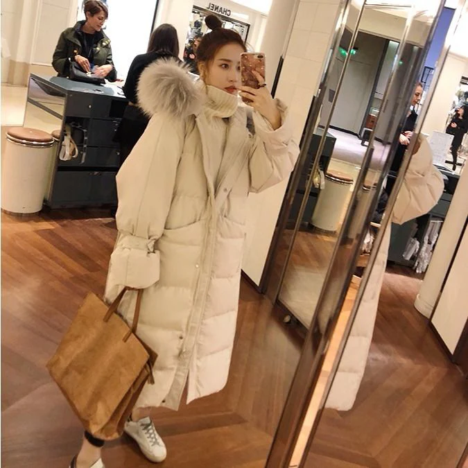 Christmas Gift Deanwangkt New Winter Big Fur Collar Coat Mid-length Over-the-knee Padded Jacket Women Korean Loose Down Padded Jacket - Deanwangkt