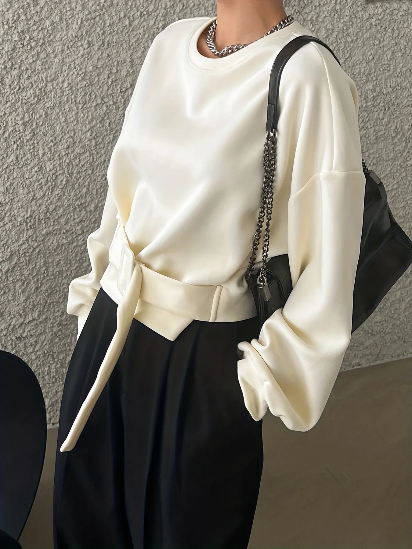 deanwangkt-1  Solid Belted Pullover Sweatshirt, Casual Long Sleeve Crew Neck Sweatshirt For Spring & Fall, Women's Clothing - Deanwangkt