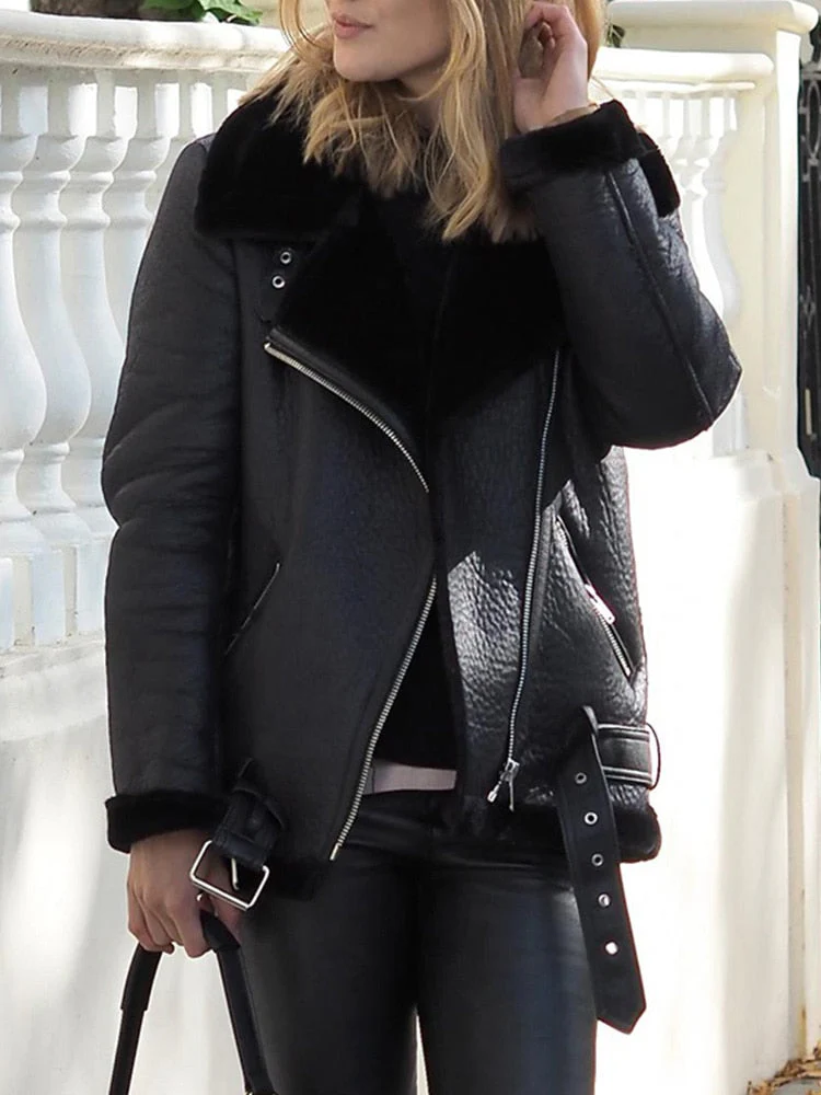 Black Friday Sales New Autumn Winter Women Thick Warm Faux Sheepskin Fur Coat With Belt Moto Biker Zipper Loose Jacket Aviator Casaco - Deanwangkt
