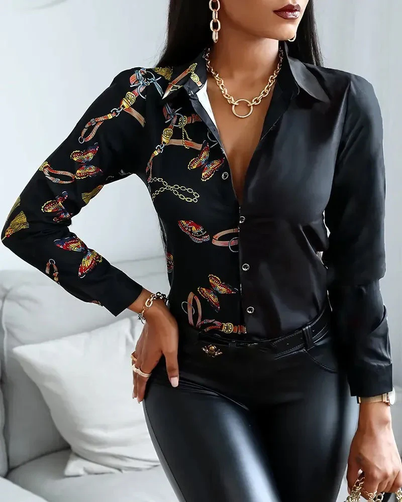 Deanwangkt - Butterfly Chain Print Button-Up Long Sleeve Shirt - Deanwangkt