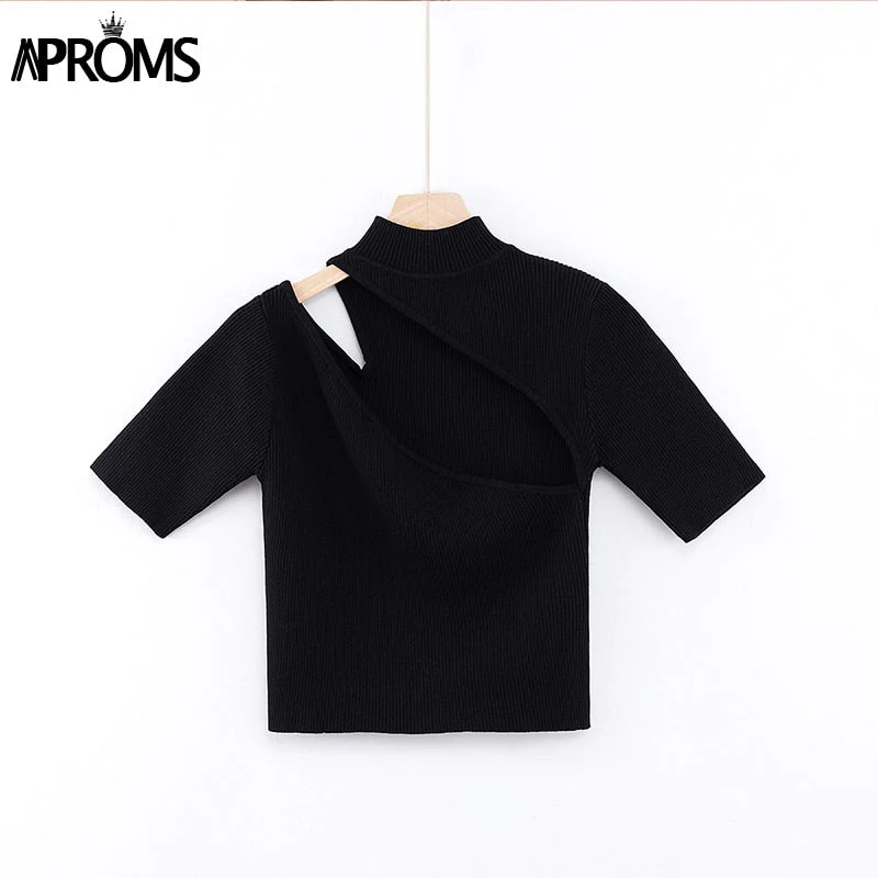 Christmas Gift Aproms Candy Color High Neck Ribbed Knitted T-shirt Women Sexy Short Sleeve Strench Tshirt Ladies Streetwear White Crop Top Deanwangkt - Deanwangkt