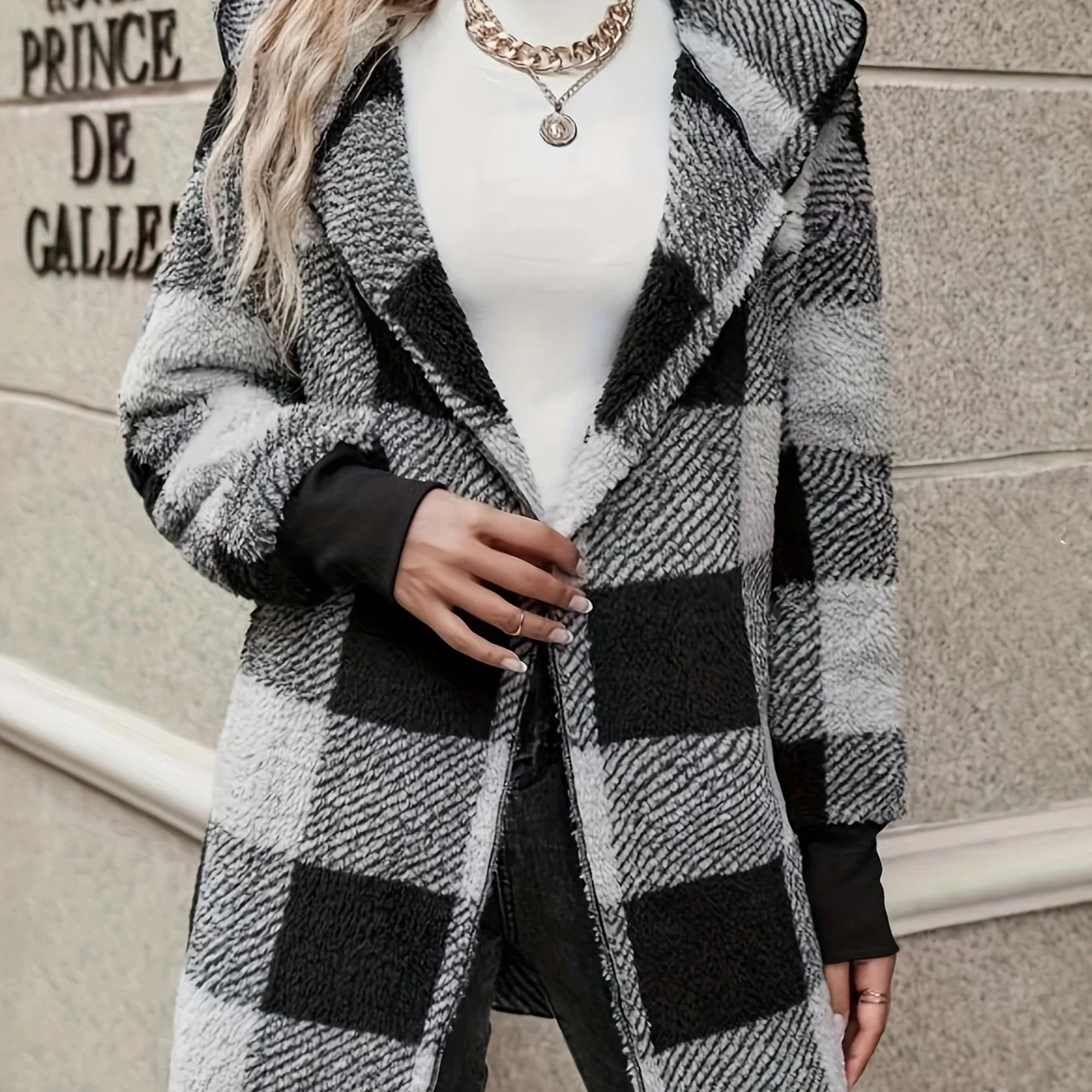 deanwangk Plaid Print Open Front Fuzzy Coat, Casual Long Sleeve Hooded Coat For Fall & Winter, Women's Clothing - Deanwangkt