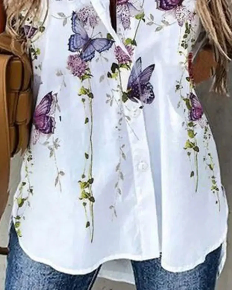 Deanwangkt - Floral Butterfly Print Short Sleeve Button Up Top - Deanwangkt