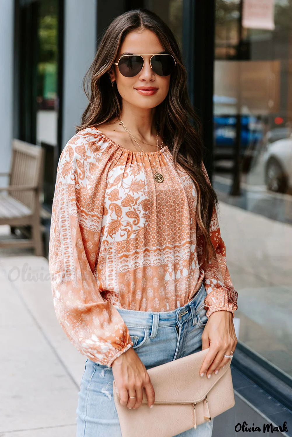 Deanwangkt - Orange round neck bohemian print blouse with drawstring - Deanwangkt