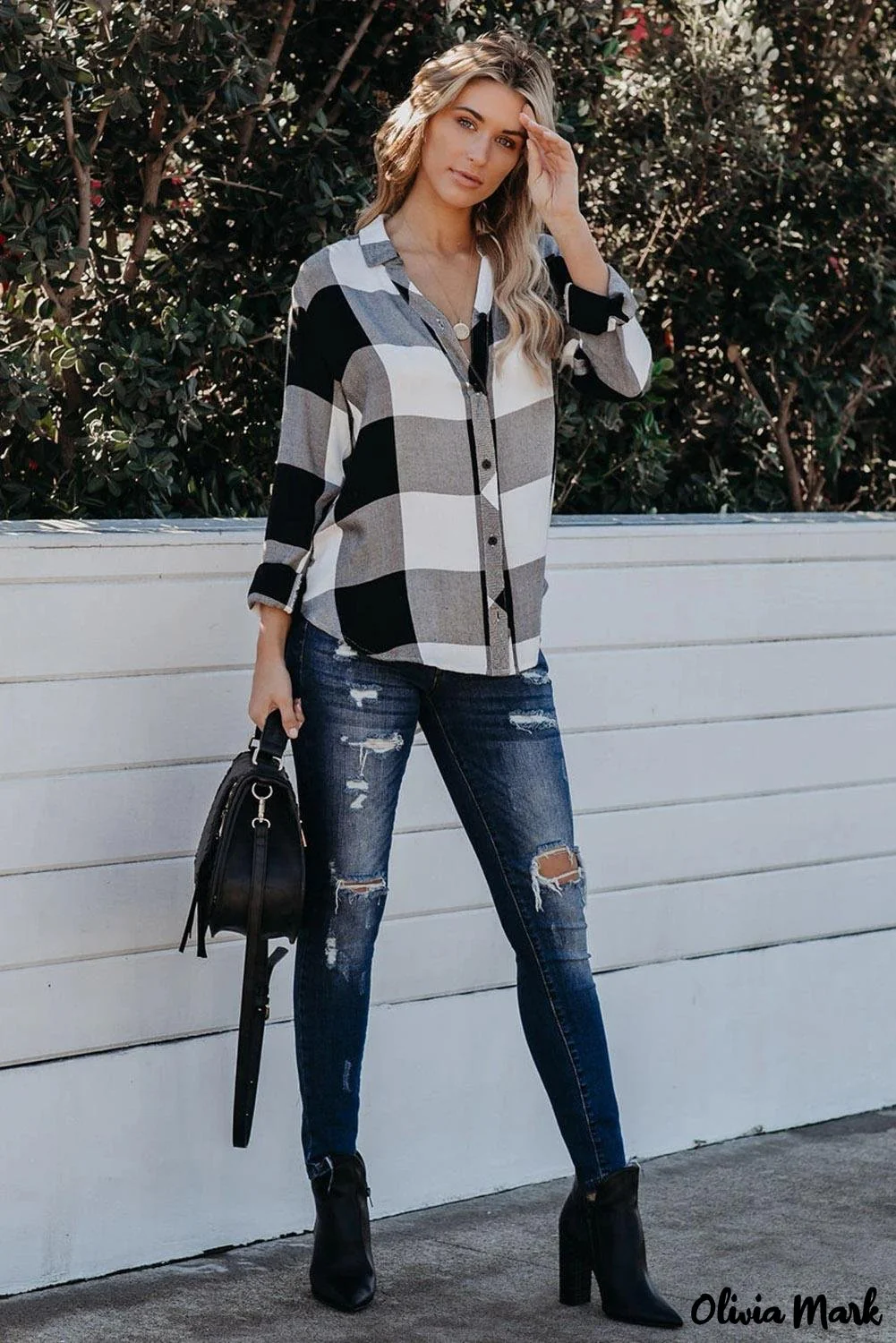 Deanwangkt - Black Plaid Turndown Collar Button Down Blouse with High/Low Hem - Deanwangkt