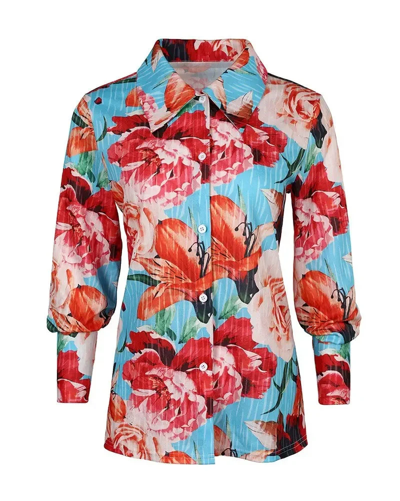 Deanwangkt - Floral Print Lantern Sleeve Button Down Shirt - Deanwangkt