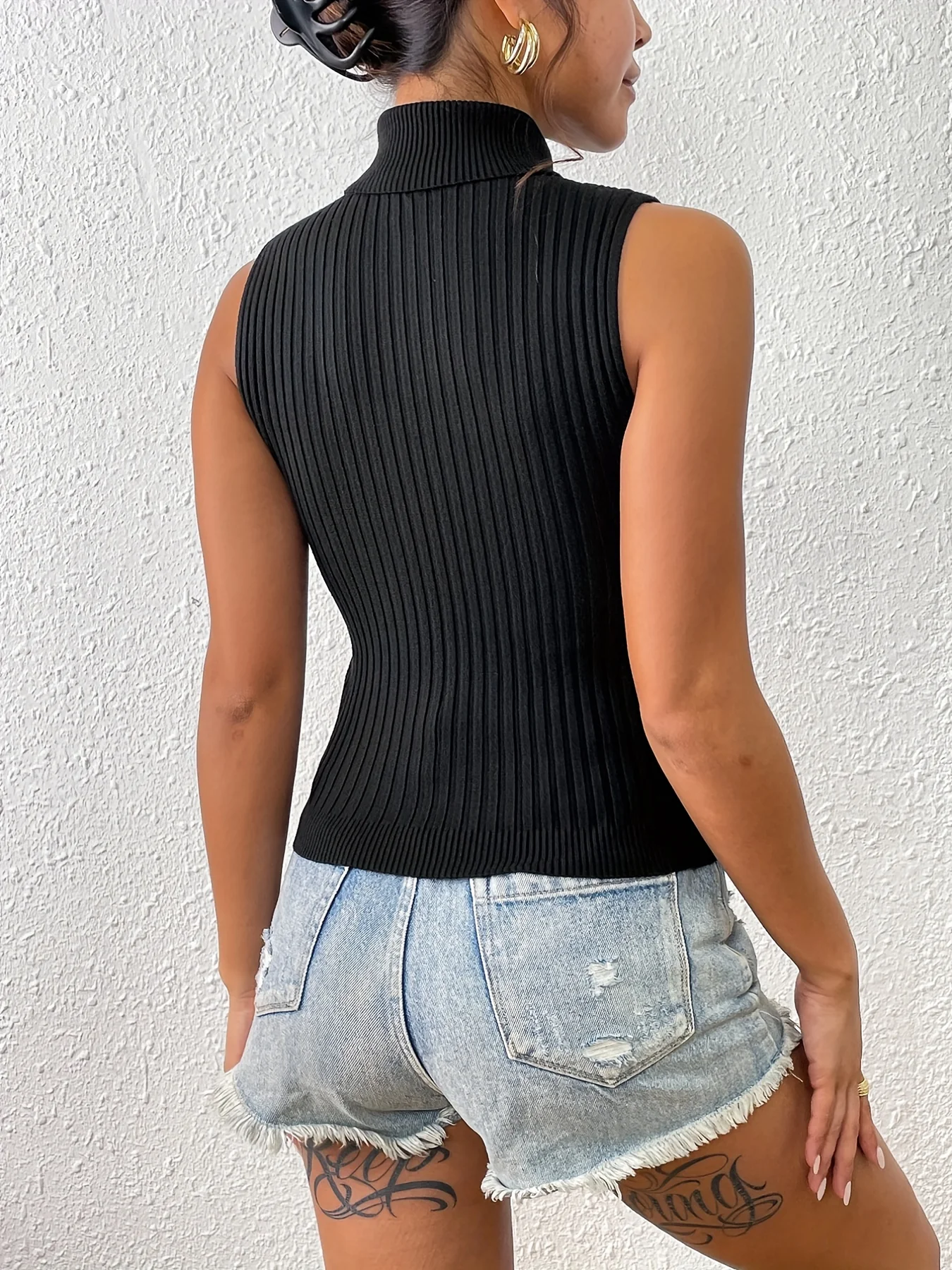 deanwangkt-1  Solid Turtle Neck Sweater Vest, Stylish Bodycon Sweater Vest, Women's Clothing - Deanwangkt