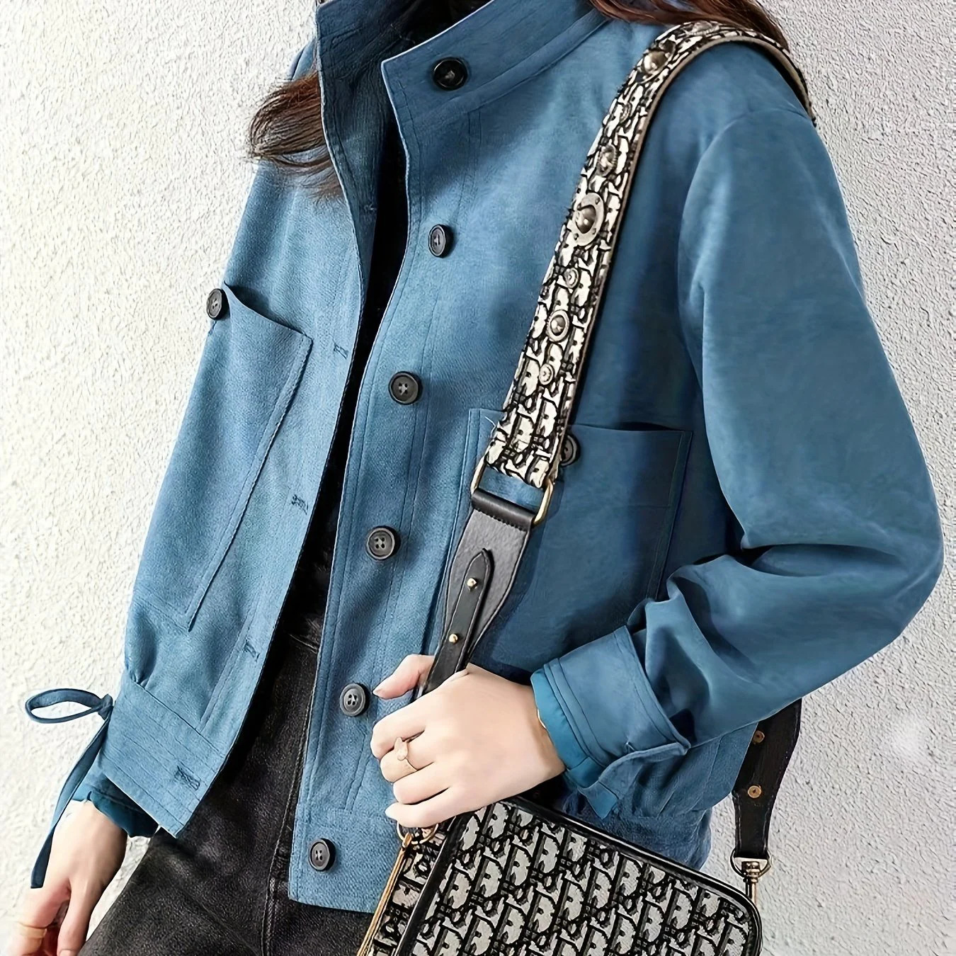 Button Front Solid Jacket, Casual Mock Neck Long Sleeve Outerwear, Women's Clothing - Deanwangkt