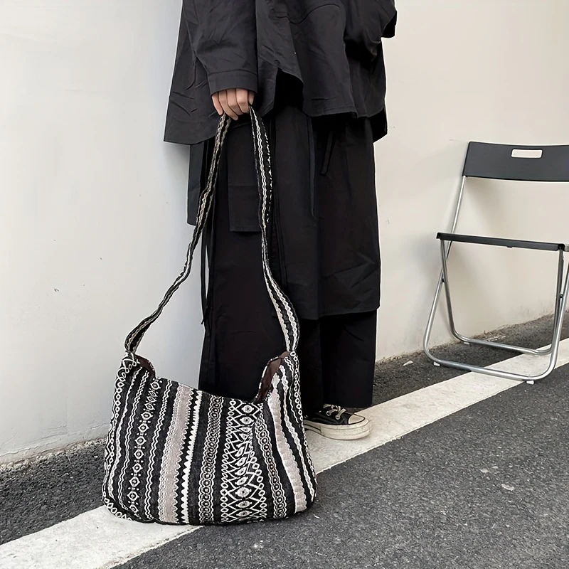 Retro Tribal Style Striped Crossbody Bag, Bohemian Canvas Hobo Bag, Trendy Shoulder Bag For Women - Deanwangkt