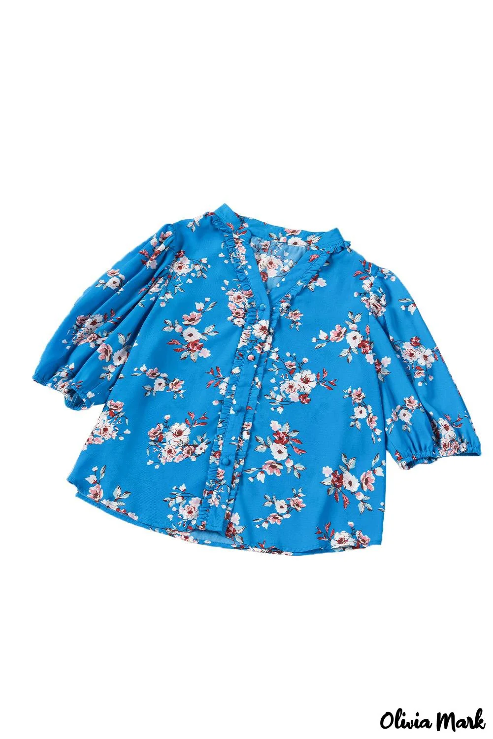 Deanwangkt - Blue Floral Print Button Up Puff Sleeve Blouse - Deanwangkt