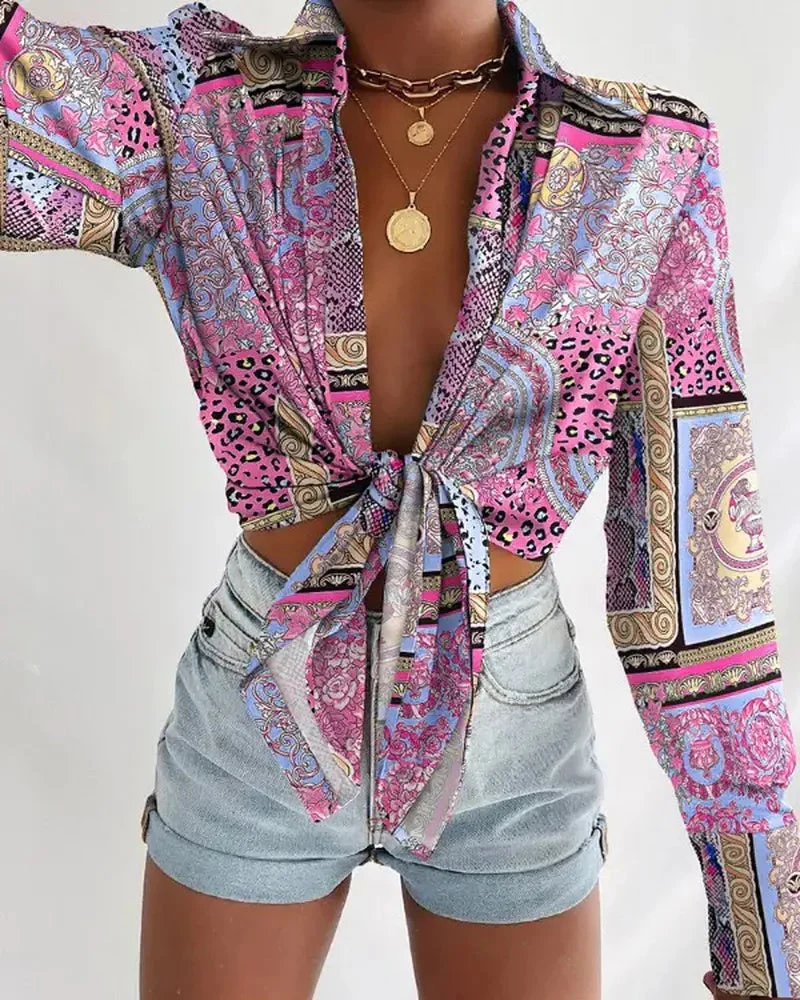 Deanwangkt - Long Sleeve Tie Front Scarf Print Shirt - Deanwangkt