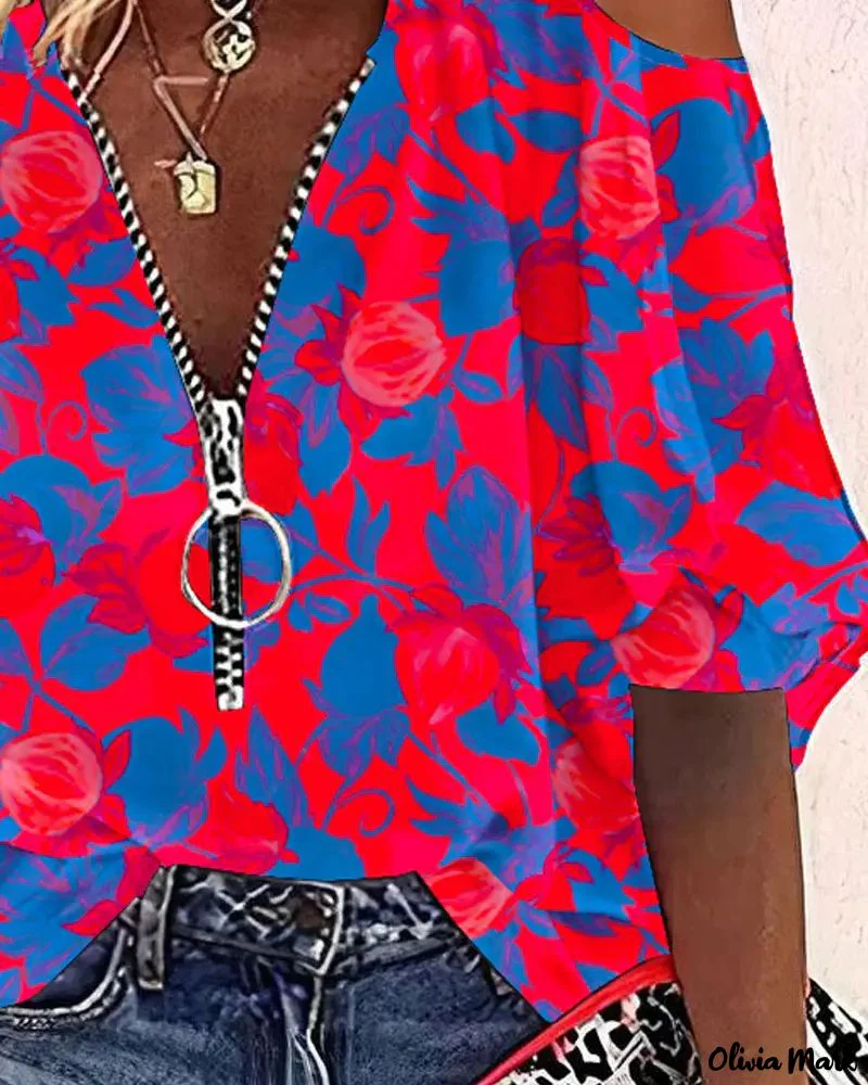 Deanwangkt - Floral Print Off Shoulder Zip Front Top - Deanwangkt
