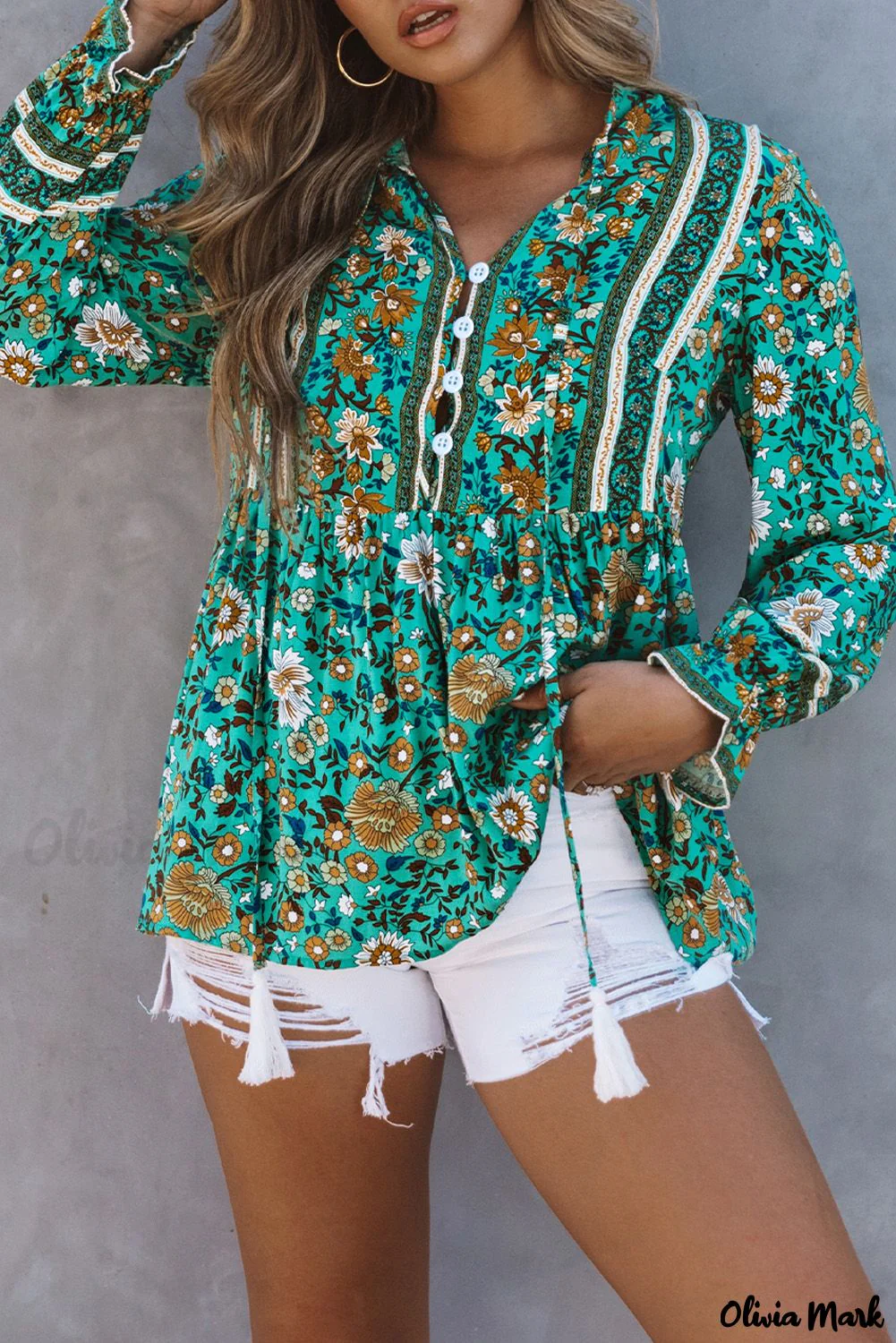 Deanwangkt - Bohemian green blouse with floral print and peplum with long sleeves - Deanwangkt