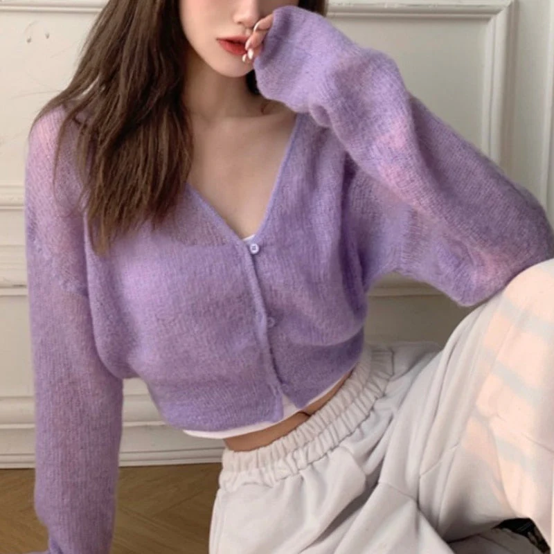 Back To School outfits Y2KV-Neck Soft Sweater Cardigan Jacket Thin Female Deanwangkt New Spring And Autumn Cashmere Mohair Short Slim Long Sleeve Jacket - Deanwangkt