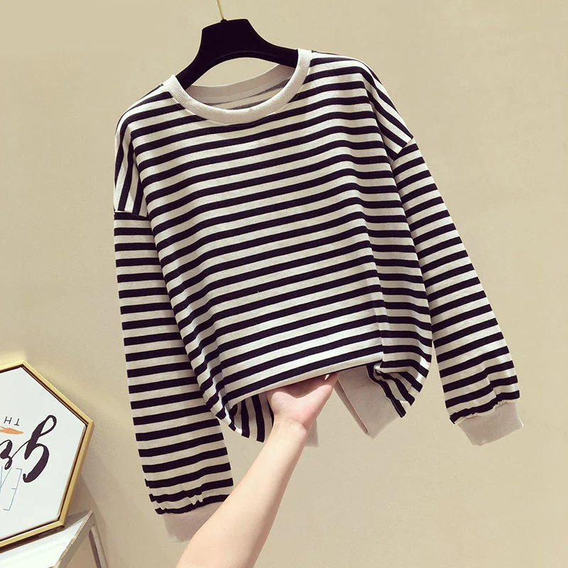 Christmas Gift Autumn Striped Knitted Hoodies Sweatshirts Women Casual Gentle Long Sleeve Loose Pullovers Patchwork O-Neck Collar Tops - Deanwangkt