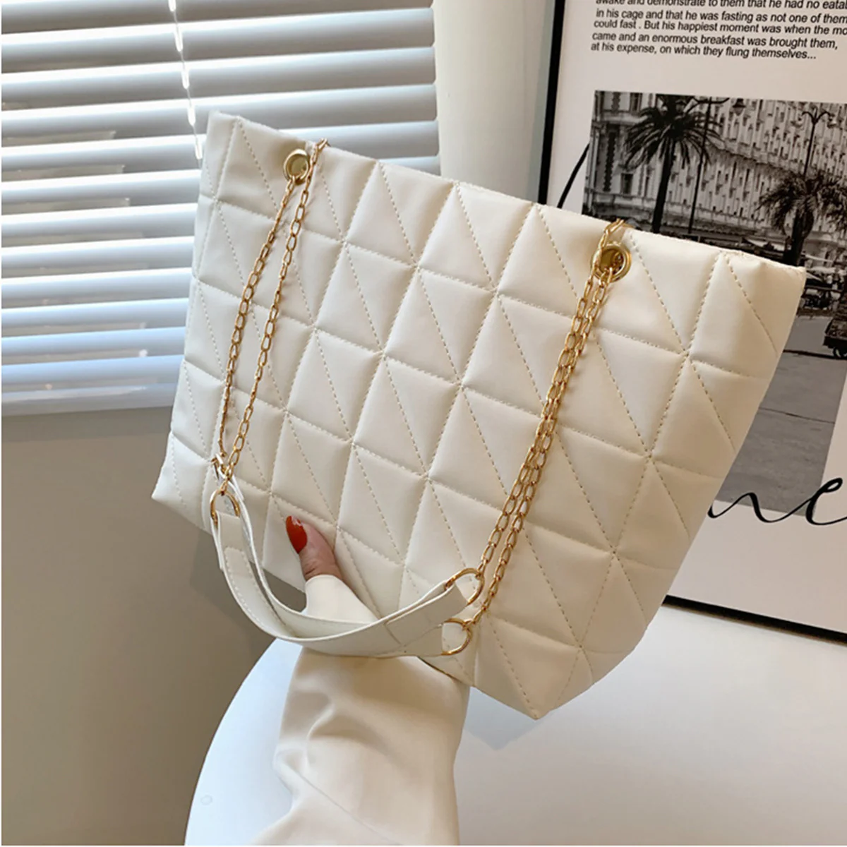 deanwangkt  Square Seam Pattern Tote Bag, Faux Leather Golden Chain Straps Handbag, Zipper Plaid Large Capacity Bag, Women's Bags - Deanwangkt