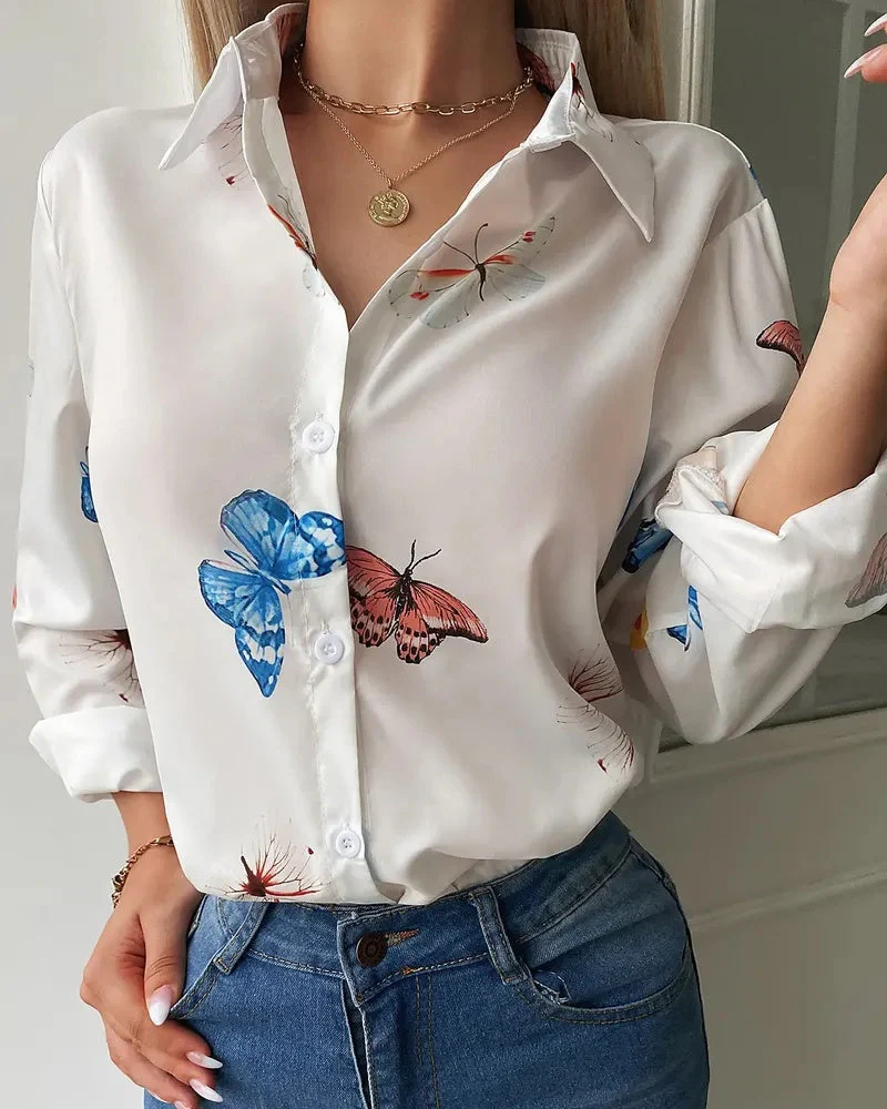 Deanwangkt - Butterfly Print Long Sleeve Button Up Top - Deanwangkt