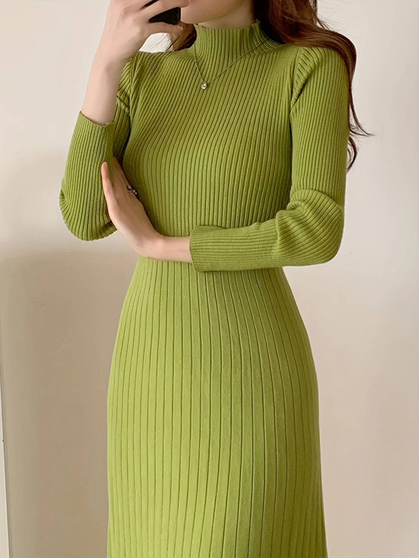 deanwangkt-1  Ribbed Mock Neck Dress, Casual Long Sleeve Midi Dress, Women's Clothing - Deanwangkt
