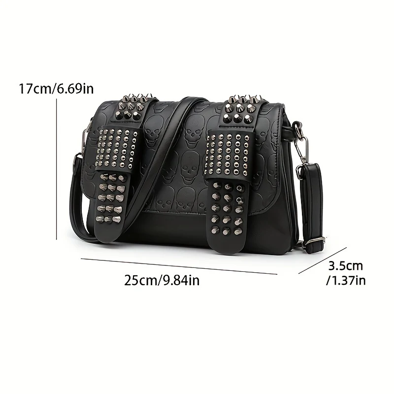 Rivet Skull Decor Metal Chain Crossbody Bag, PU Leather Textured Bag Purse, Cool Girl Punk Fashion Shoulder Bag - Deanwangkt