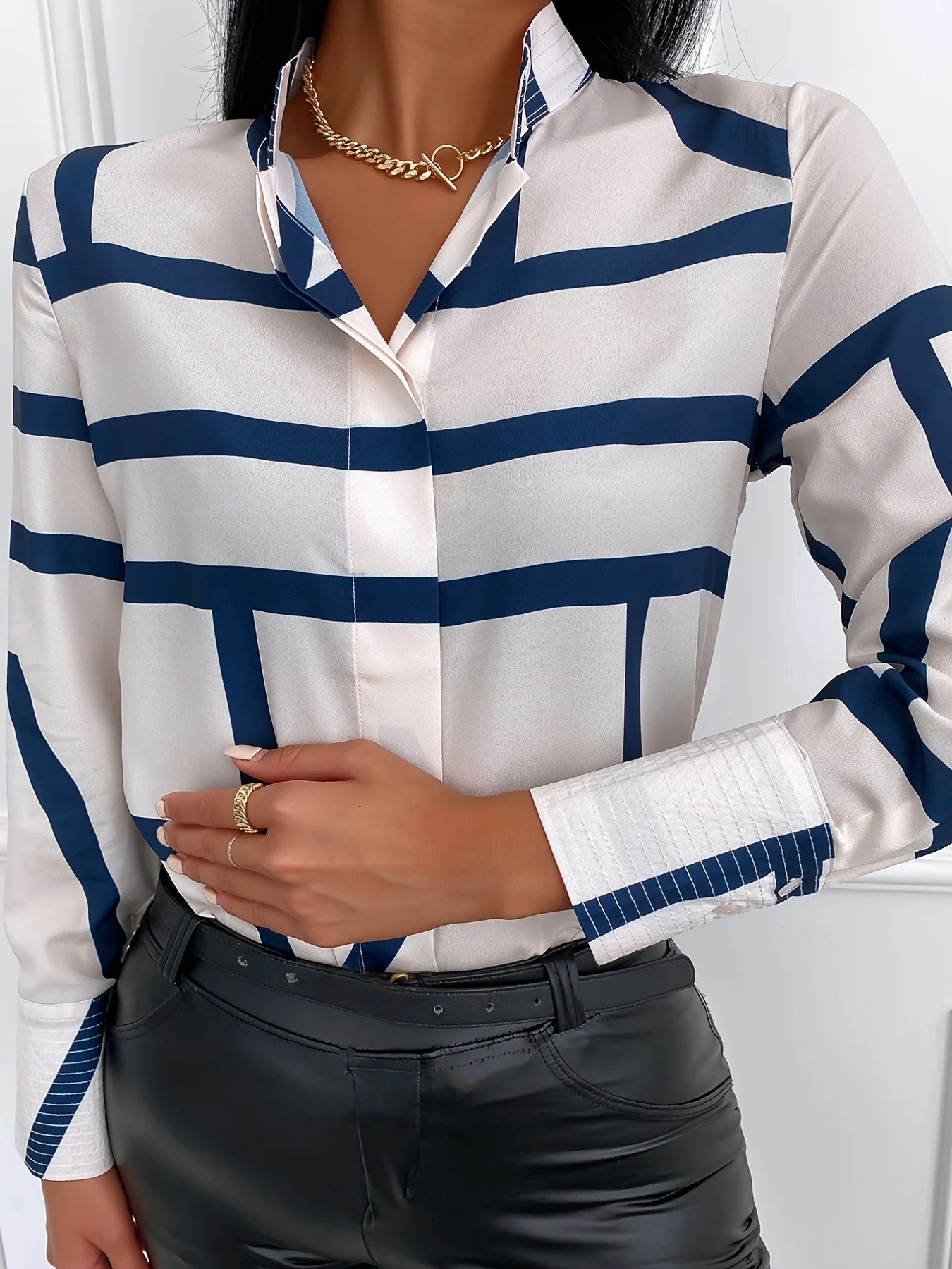 Women's Blouse Allover Striped Print Long Sleeve Botton Blouse - Deanwangkt