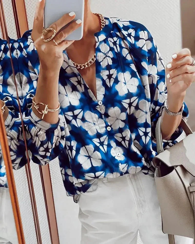 Deanwangkt - Floral Print Lantern Sleeve Button Up Top - Deanwangkt