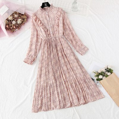 Christmas Gift Deanwangkt Spring and Autumn New Style Floral-Print Chiffon Dress Women's French Vintage Base Dress Fairy Immortal Dress - Deanwangkt