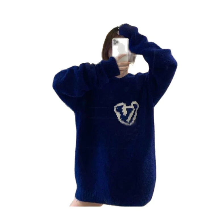 Christmas Gift Deanwangkt New Autumn Winter Letter Pattern Blue Pullover Long Sleeve Knit Sweater свитер Round Neck Women Sweater Loose Sweater Top - Deanwangkt
