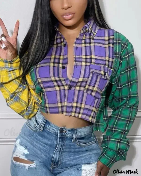 Deanwangkt - Color Block Check Print Long Sleeve Crop Top - Deanwangkt