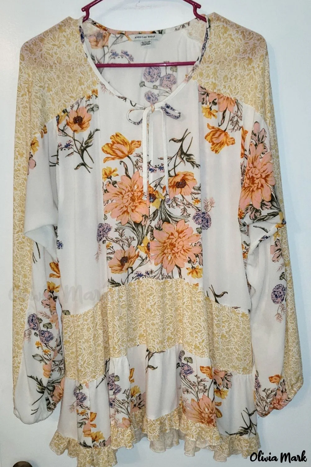 Deanwangkt - Yellow Floral Print V-Neck Ruffle Blouse - Deanwangkt