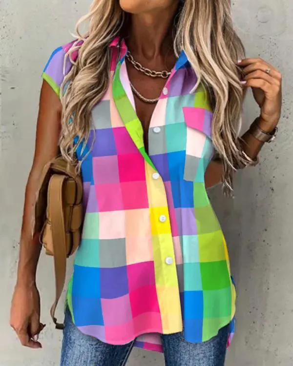 Deanwangkt - Color Block Plaid Button-Up Shirt - Deanwangkt
