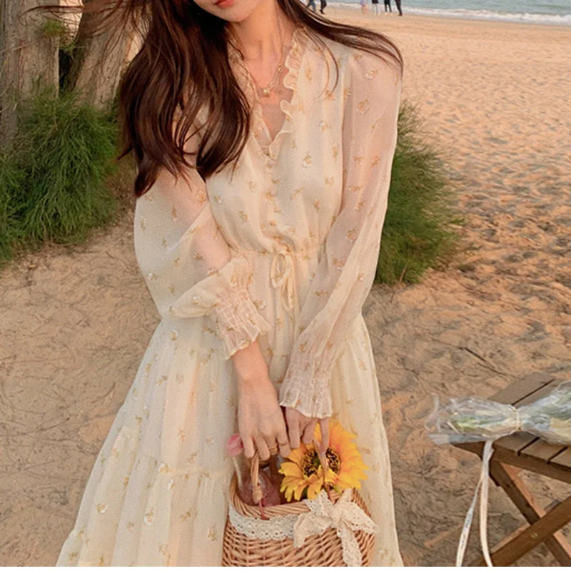 Christmas Gift Deanwangkt Summer Women Floral Fungus V-Neck Long-Sleeve Dress Elegant Party Korean Style Beach Dress Sweet Temperament Girls Holiday - Deanwangkt