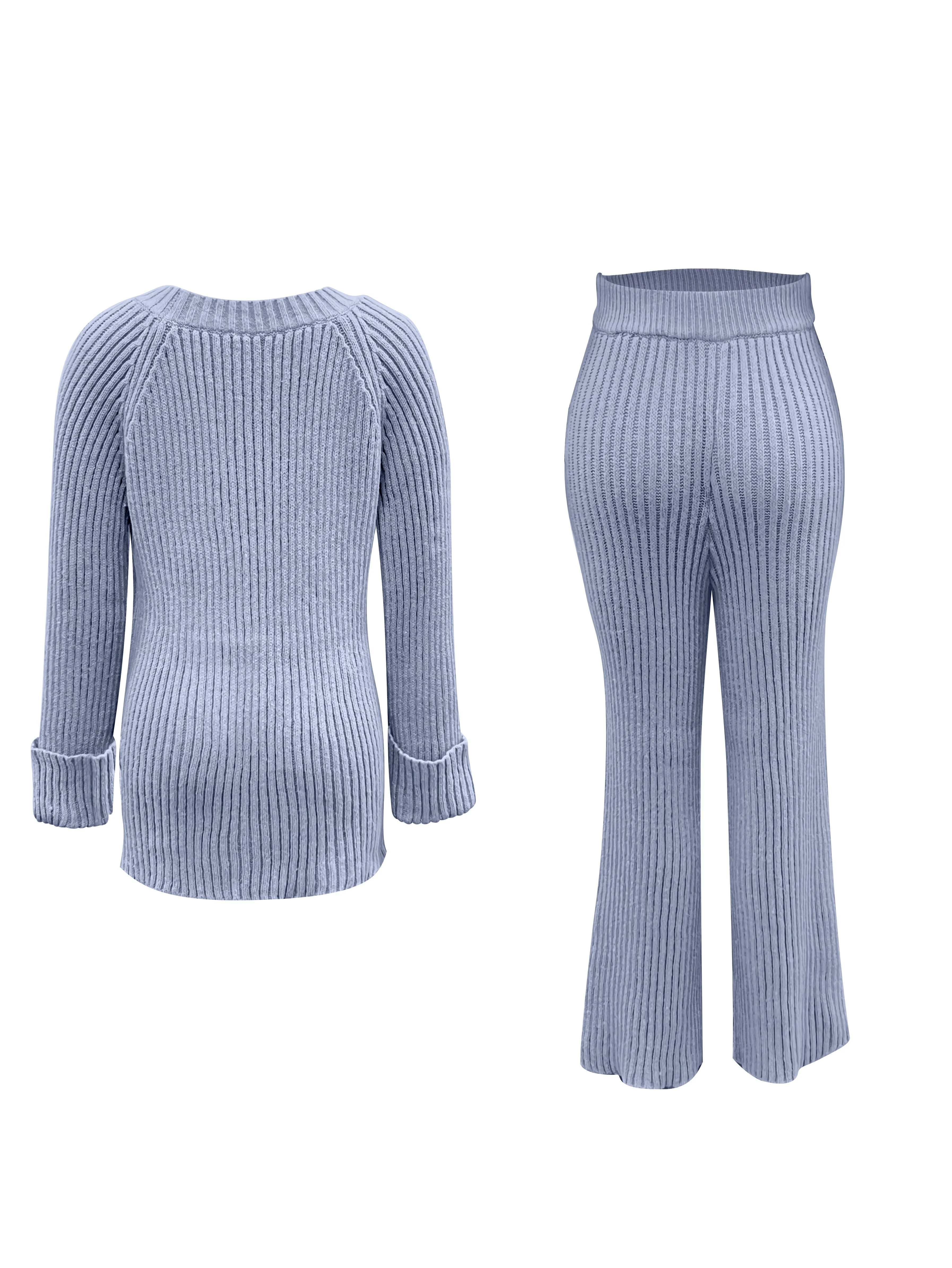 deanwangkt-1  Casual Solid Two-piece Set, Raglan Sleeve Pullover Sweater & Wide Leg Pants Outfits, Women's Clothing - Deanwangkt