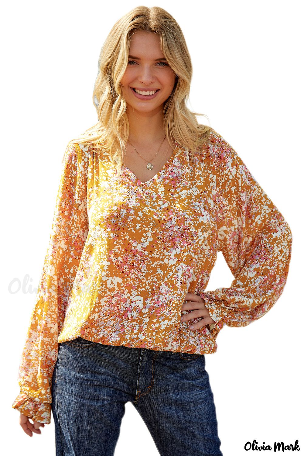 Deanwangkt - Yellow Floral Split V-Neck Blouse - Deanwangkt