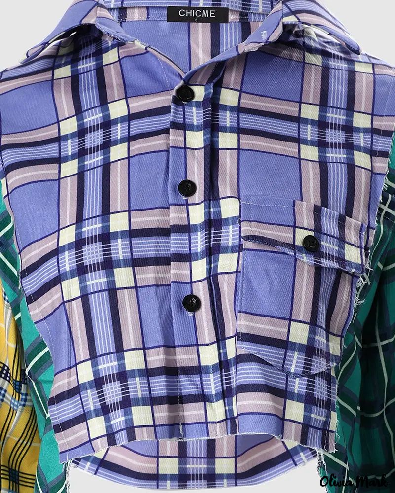Deanwangkt - Color Block Check Print Long Sleeve Crop Top - Deanwangkt